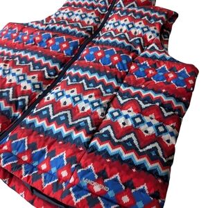Lands End Red White Blue Geometric Print Down Puffer Vest Womens Size 1X 16w-18w